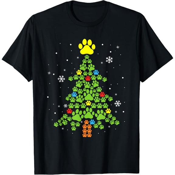 Paw Print Merry Christmas Tree Lights Dog Lover Xmas Men Women T-Shirt