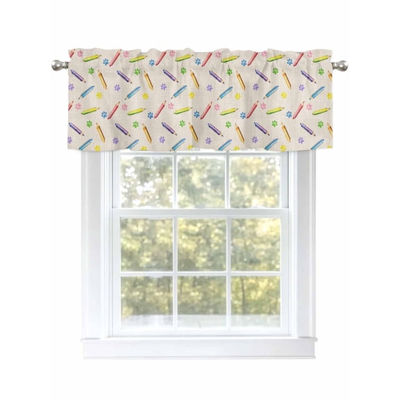 Paw Print Pencil Valances for Windows, Rod Pocket Kitchen Valance Curtains - Soft & Washable Small Window Treatment for Living Room, Bathroom, Childlike Black Linen 54x18inch, 1 Panel
