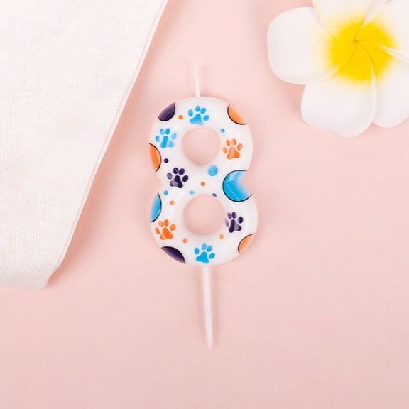 Paw Print Pet Birthday Candle Number 8 Cute Dog Cat Cake Topper White Footprint Design Digital Celebration Candle for Puppy Kitty Party