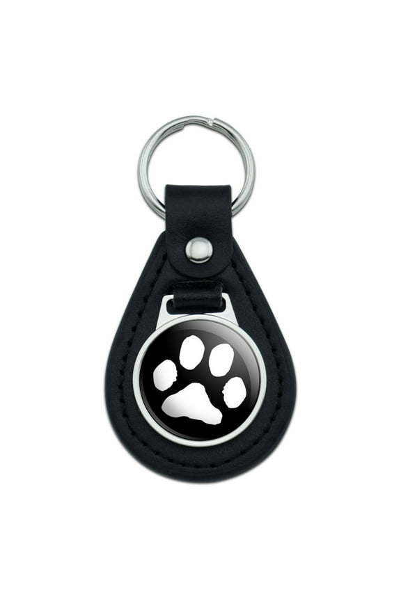 Paw Print Pet Dog Cat B&W Black Leather Keychain