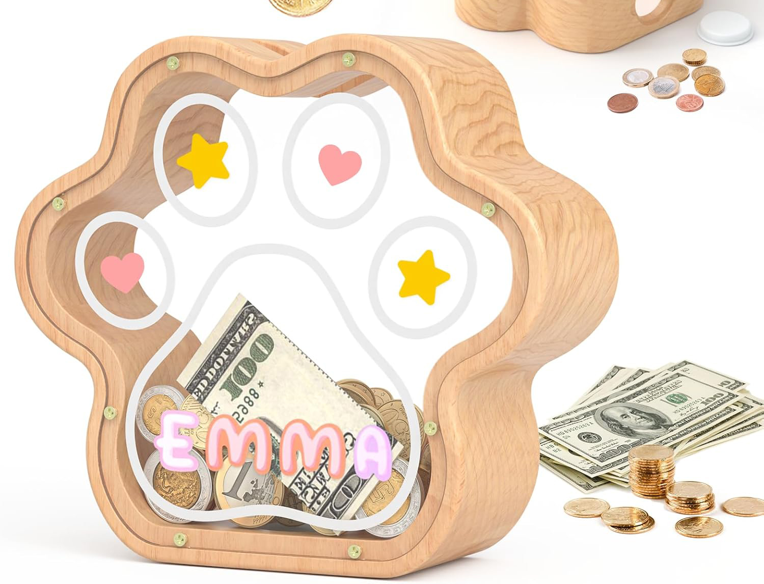 Coin Sticker Bank Paw Print Piggy Bank, Natural Wooden Coin Bank with Stickers ...