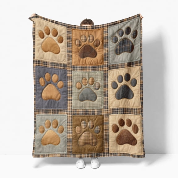 Paw Print Plaid Quilt Flannel Fleece Throw Blanket, Soft Cozy Plush Lightweight Warm All-Season Decorative Couch Sofa Bed Throw, Cozy Gift for Bedroom Living Room Office Travel