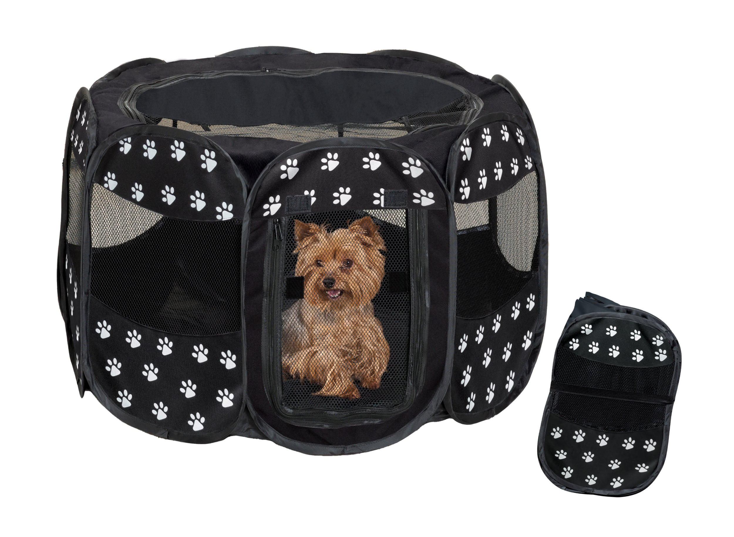 Portable Paw-Print Playpen - Mesh Sides, Zippered Top, Water-Resistant Base