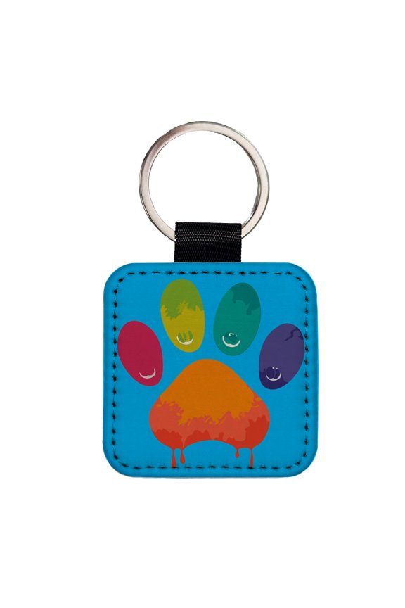 Paw Print Rainbow Dogs Cats Faux Leather Square Keychain