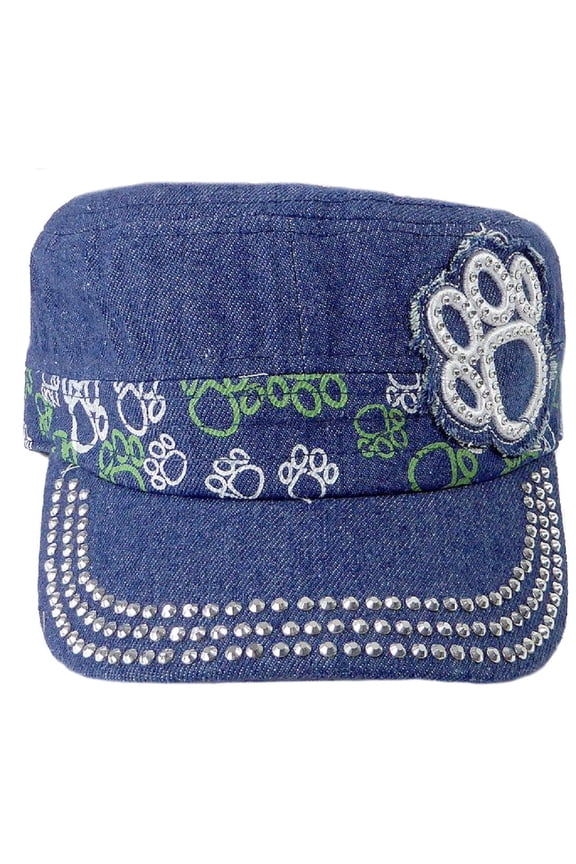 Paw Print Rhinestone Bling Dazzle Cadet Cap Hat Dog/Cat (Dark Denim)