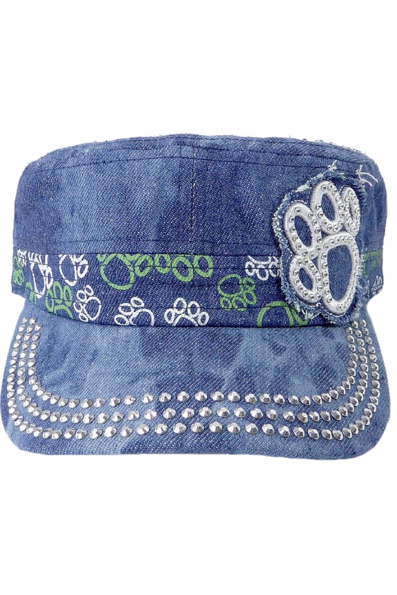 Paw Print Rhinestone Bling Dazzle Cadet Cap Hat Dog/Cat (Denim)