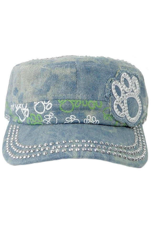 Paw Print Rhinestone Bling Dazzle Women's Cadet Cap Hat Dog/Cat (Splash Light Denim)