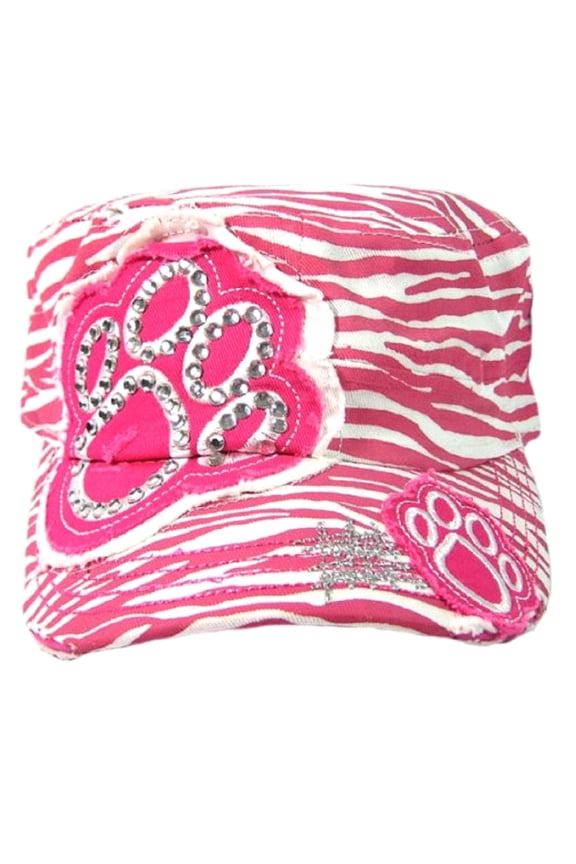 Paw Print Rhinestone/Embroidered Paw Print Women's Cadet Hat Pink Zebra Print