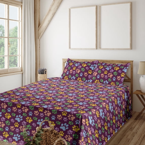 Ambesonne Paw Print Fitted & Flat Sheet with Shams 4 Pcs Set, Cartoon Puppy Kitten Art, Full, Purple and Multicolor