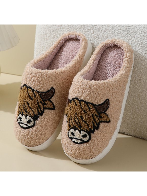 Highland Cow Slippers for Women, Closed Toe Fuzzy House Shoes with Embroidered Cow, Boucle Fleece Flat Non-Slip Bedroom Slippers for Western Gifts