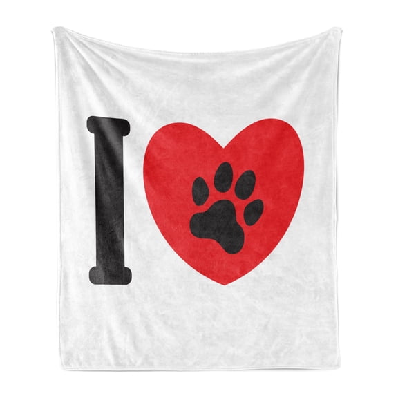 Paw Print Soft Flannel Fleece Blanket, I Love Animals Dogs and Cats Themed Classic Graphic with Heart, Cozy Plush for Indoor and Outdoor Use, 70" x 90", Charcoal Grey and Vermilion, by Ambesonne