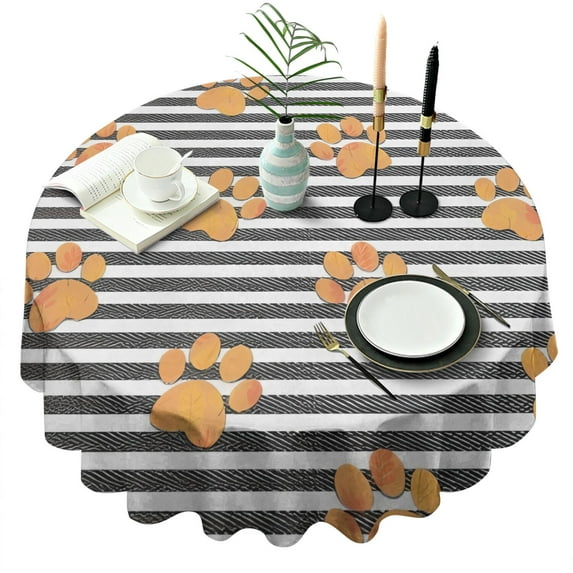 Paw Print Sonstripes Round Tablecloth 60"x60",Wrinkle Wipeable Table Cloth for Kitchen Dining Room Picnic Patio Party