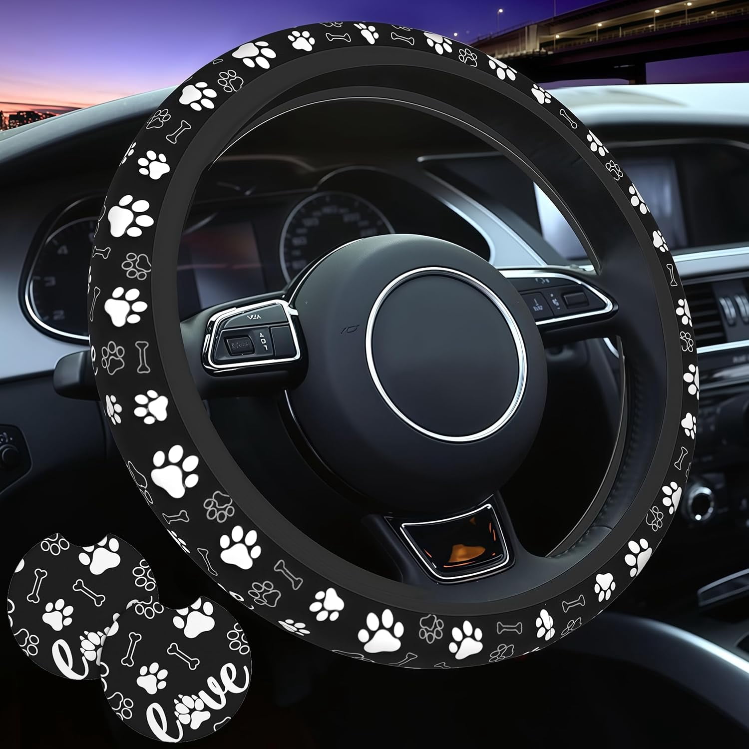Paw Print Steering Wheel Cover - Dog Paw Print Steering Wheel Cover Dogs Prints Anti-Slip Breathable Universal for 15 Inch Car with 2 Pieces Car Coasters for Men/Women