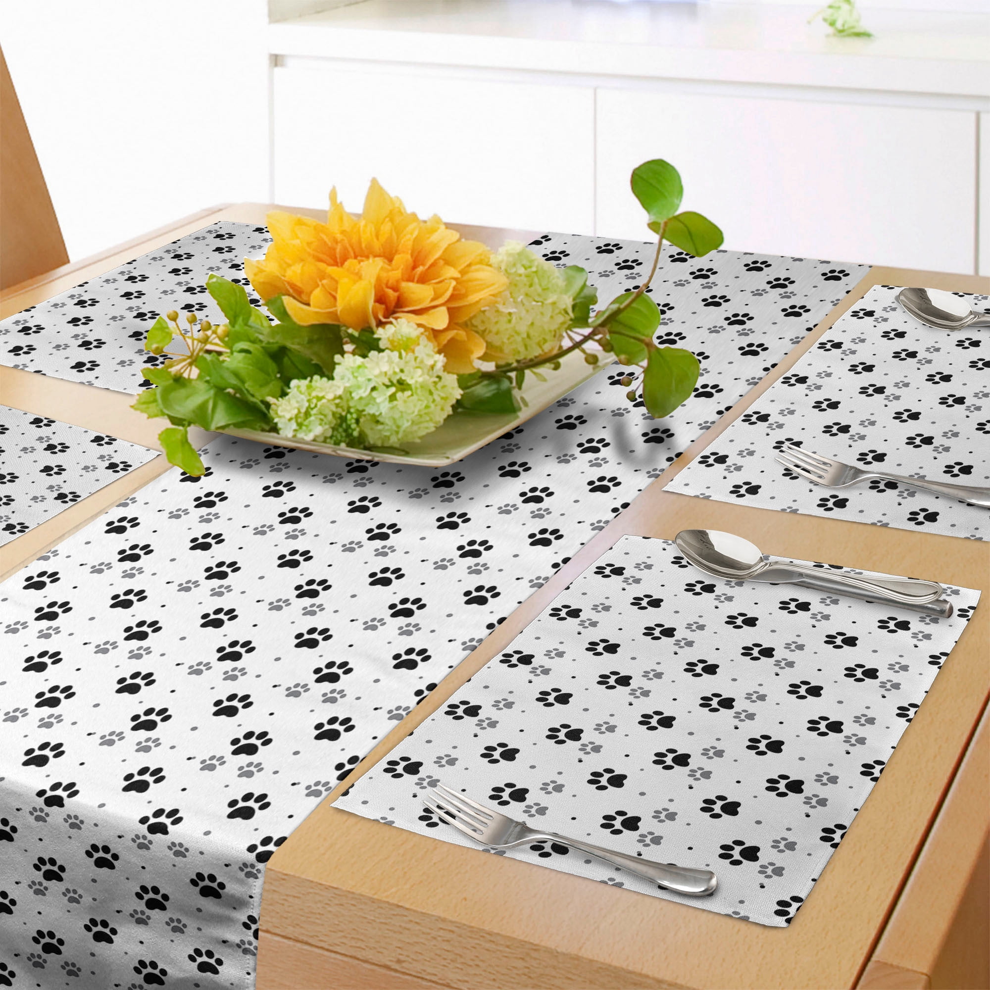 Paw Print Table Runner &amp; Placemats, Animals Pattern with Greyscale Design Little Dots Dog and ...
