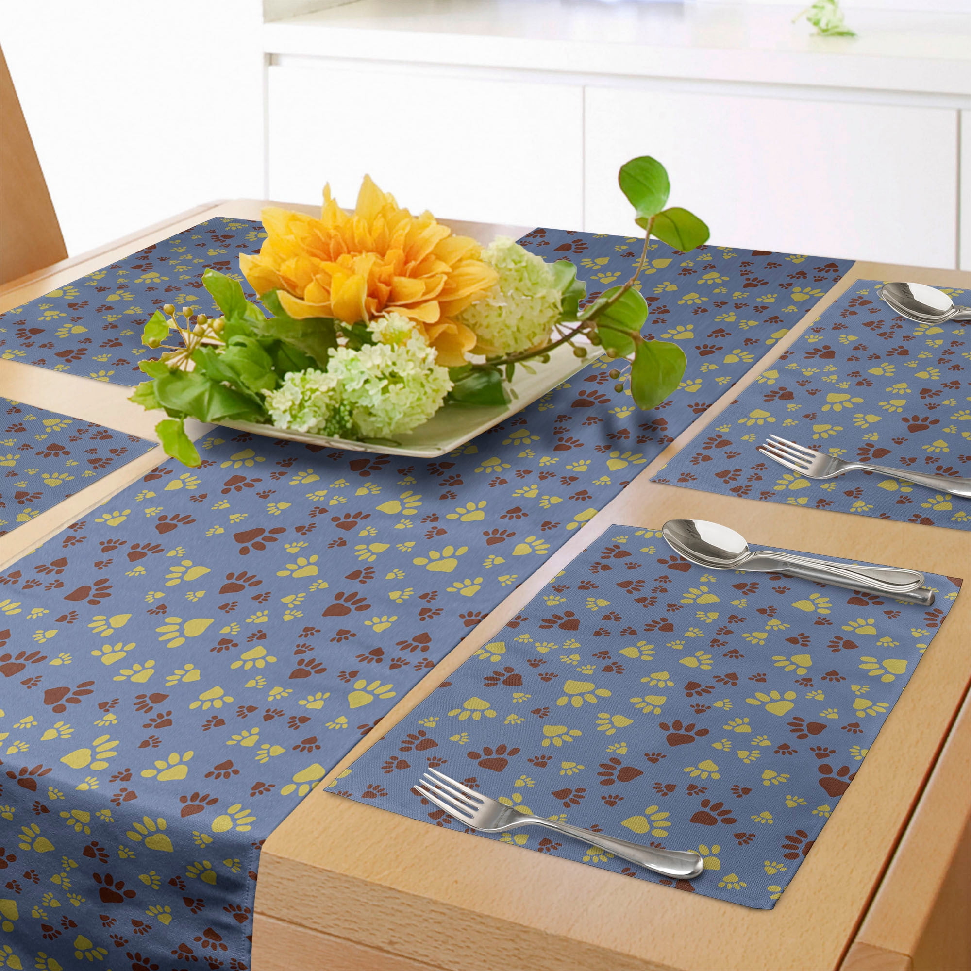 Paw Print Table Runner &amp; Placemats, Many Animal Foot Marks Repetition Simplistic Design Pet ...