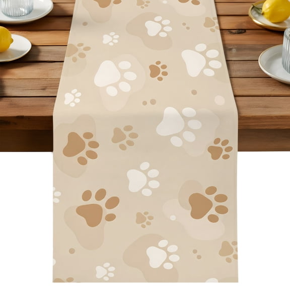 Paw Print Table Runner, Rustic Minimalist White Brown Wildlife Spot Cotton Linen Kitchen Dining Table Runner Cloth Dresser Scarf Decoration for Party Home Decor 13x60in