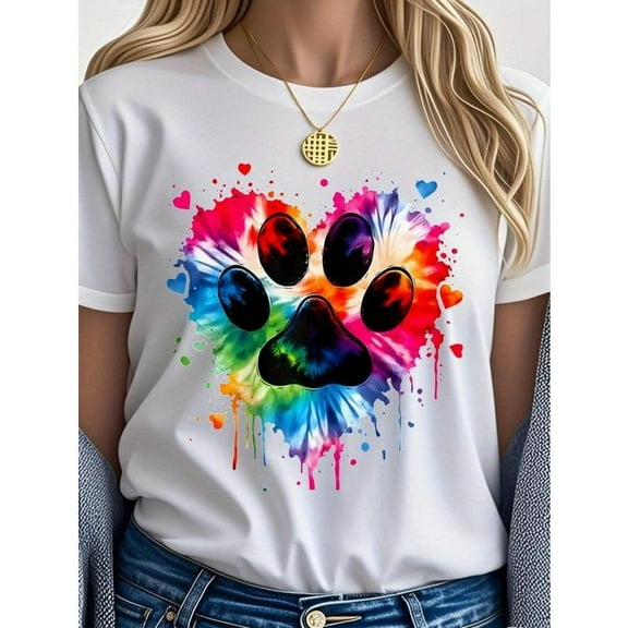 Paw Print Tee Cotton Graphic T-Shirt Colorful Heart Design Breathable Comfort Casual Top White S-5XL