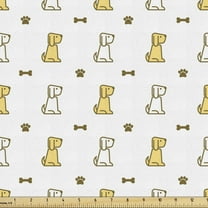 Ambesonne Paw Print Fabric by the Yard Upholstery, Dog and Bones, 2 Yards, Mustard Fawn and White