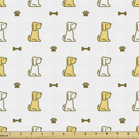 Ambesonne Paw Print Fabric by the Yard Upholstery, Dog and Bones, 2 Yards, Mustard Fawn and White