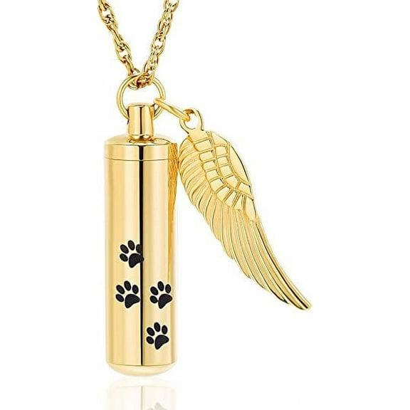 Paw Print Urn Necklaces for Human Pet Ashes Cylinder Urn Pendant Keepsake Memorial Ash Locket W/ Angel Wings