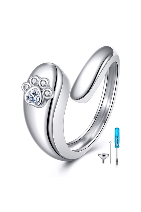 Paw Print Urn Ring for Ashes Sterling Silver Pets Dog Cat Ring Keepsake Memorial Cremation Jewelry Gifts for Women Men