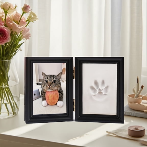 Paw Print Wooden Photo Frame Kit – Pet Memory Keepsake with Clay Impression Set, Dog & Cat Gift, Tabletop Home Décor