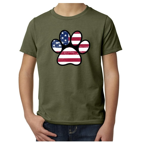 Paw Print with American Flag, Kids Patriotic Shrits, Graphic Tees - Olive MH200YPATRIOT S5 XL