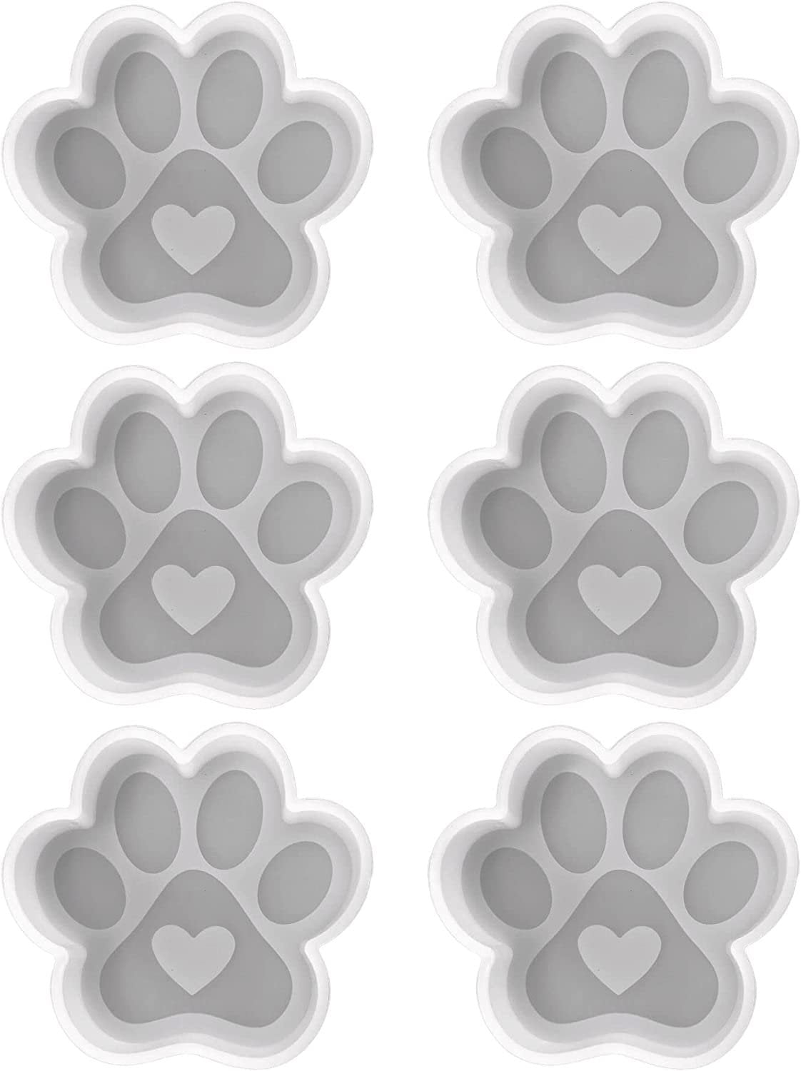 Paw Print with Heart Silicone Mold  6 Pack  Size 4" Wide x 3.75" Long x 1" Deep  Paw Print with Heart Design for Freshie, Soap, Resin, Candles