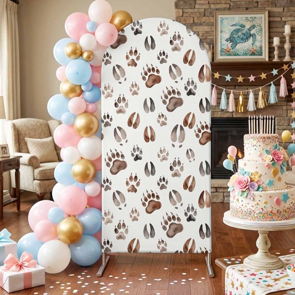 Paw Prints Arch Backdrop Covers 4 FT, Brown Animal Tracks Rustic Beige Background Stretchy Fitted Arched Stand Covers Party Arch Stand Cover Photo Booth for Wedding Birthday Decor