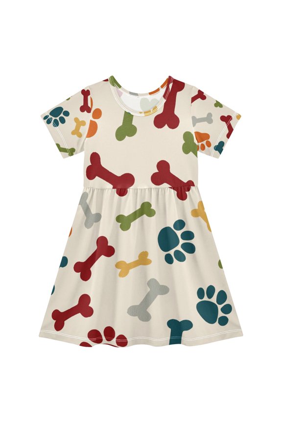 Paw Prints Bones Pattern Girls Short Sleeve Dress A Line Sun Protection Breathable Comfort Sundress 2T