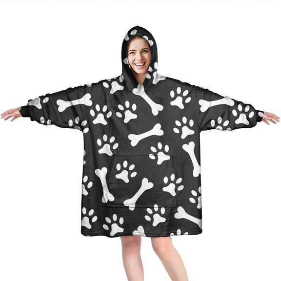 Paw Prints and Bones Wearable Oversized Blanket,Wearable Blanket Hoodie for Adults,Cozy Hooded Blankets with Super Pockets,Super Warm Fuzzy Pullover for Women & Men