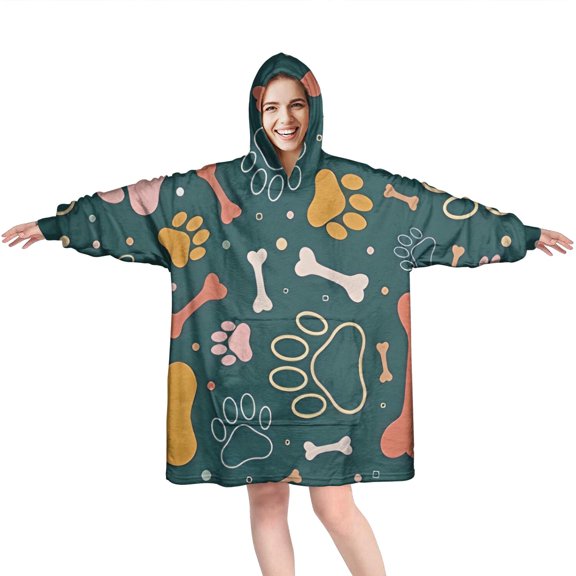 Paw Prints and Bones Wearable Oversized Blanket,Wearable Blanket Hoodie for Adults,Cozy Hooded Blankets with Super Pockets,Super Warm Fuzzy Pullover for Women & Men