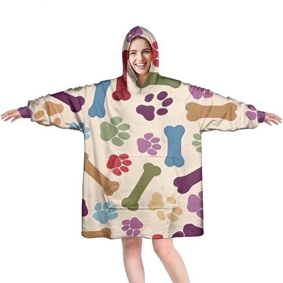 Paw Prints and Bones Wearable Oversized Blanket,Wearable Blanket Hoodie for Adults,Cozy Hooded Blankets with Super Pockets,Super Warm Fuzzy Pullover for Women & Men