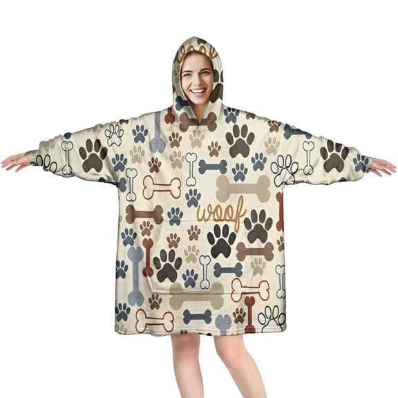 Paw Prints and Bones Wearable Oversized Blanket,Wearable Blanket Hoodie for Adults,Cozy Hooded Blankets with Super Pockets,Super Warm Fuzzy Pullover for Women & Men