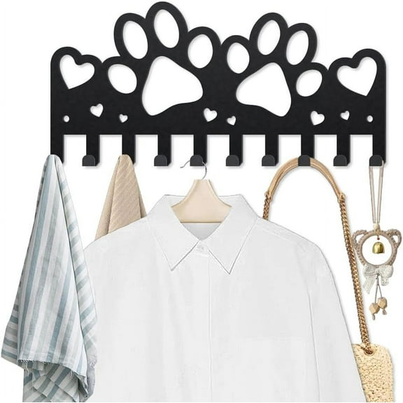 Paw Prints Coat Rack Wall Mount 9.84.7inch Heart Metal Dog Paw Key Holder for Wall 10 Hooks Dog Leash Decorative Black Key Hooks for Dog Lover Gift Coats Hats Towels Bags