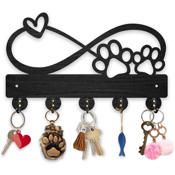 Paw Prints Hearts Coat Rack Wall Mount Wood Key Holder for Wall 11.8×7.2inch Love Heart Decorative Wall Hooks 5 Alloy Hooks Animal Paw Print Black Wall Hanger for Gifts Entryway Room Home
