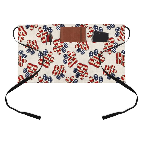 Paw Prints Kitchen Restaurant Half Waist Apron, Stars American Flag 4th of July Rustic Server Short Apron with 3 Pockets Waterproof Oil Waist Aprons for Women Waitress Waiter