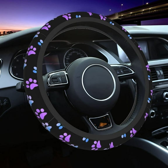Paw Prints Steering Wheel Cover for Women Men, 15 Inches Purple Galaxy Neoprene Anti-Slip Cute Universal Car Steering Wheel Grip Wrap Car Accessories Protective Case Cover for Vehicle Truck SUV