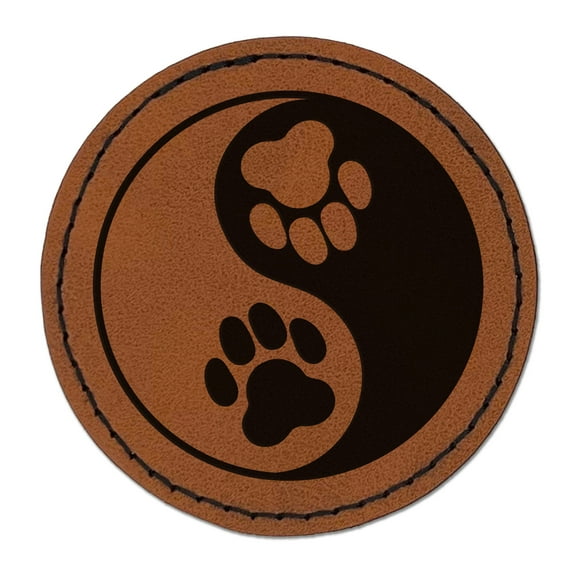 Paw Prints Yin Yang Cat Dog 2.5" Faux Leather Round Engraved Iron-On Patch - Brown