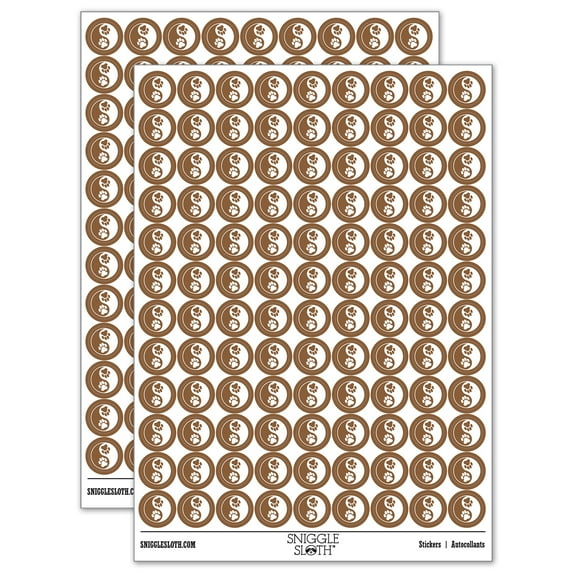 Paw Prints Yin Yang Cat Dog 200+ Round Stickers - Brown - Gloss Finish - 0.50" Size