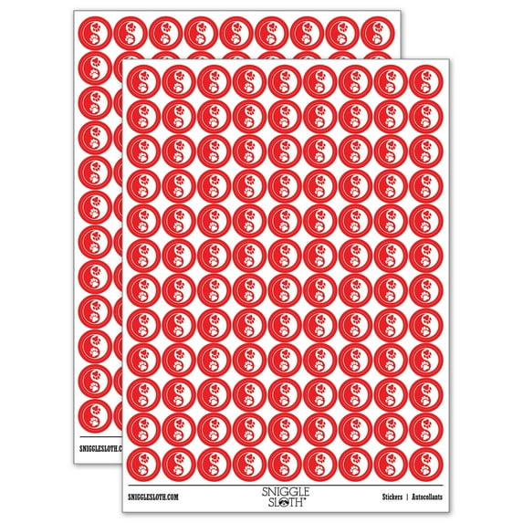 Paw Prints Yin Yang Cat Dog 200+ Round Stickers - Red - Matte Finish - 0.50" Size
