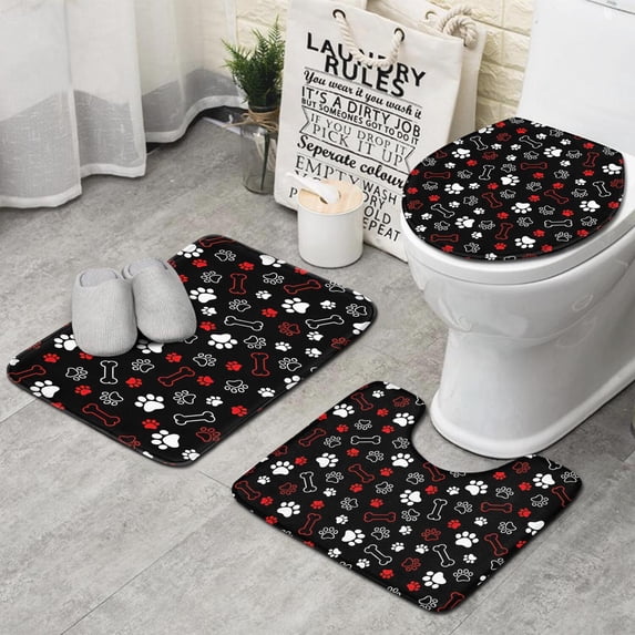 Paw Prints and Bones Bathroom Rugs Sets 3 Piece,Toilet Cover Set,Absorbent Non Slip Bathroom Mats Sets with U-Shaped Contour Rug Toilet Rug Set