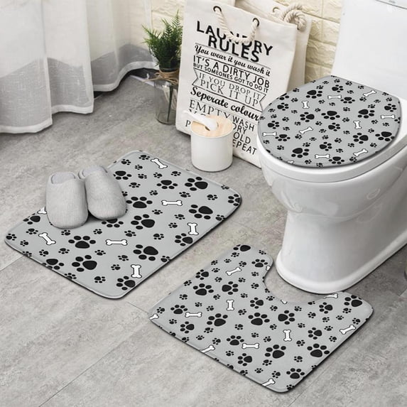 Paw Prints and Bones Bathroom Rugs Sets 3 Piece,Toilet Cover Set,Absorbent Non Slip Bathroom Mats Sets with U-Shaped Contour Rug Toilet Rug Set