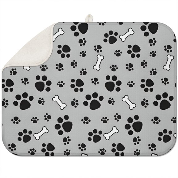 Paw Prints and Bones Dish Drying Mat for Kitchen 1 Pack, Ultra Absorbent Microfiber Dishes Drainer Mats,18"x24"