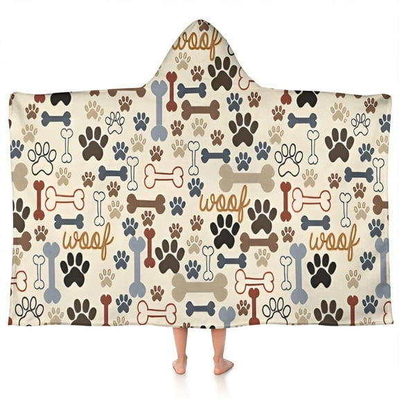 Paw Prints and Bones Hooded Bath Towel,50"x30" for Ages 3 To 12 Kids, Quick Dry Lightweight Soft Microfiber Hood Beach Towel Cover Up for Kids
