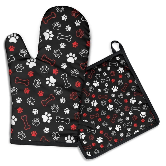 Paw Prints and Bones Kitchen Oven Mitt and Pot Holder Sets 2 Pcs for Baking, Cooking and Grilling, Heat Resistant Up To 392 °F
