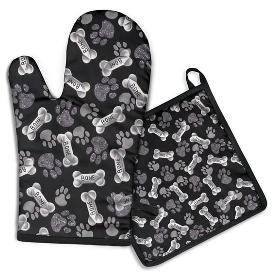 Paw Prints and Bones Kitchen Oven Mitt and Pot Holder Sets 2 Pcs for Baking, Cooking and Grilling, Heat Resistant Up To 392 °F