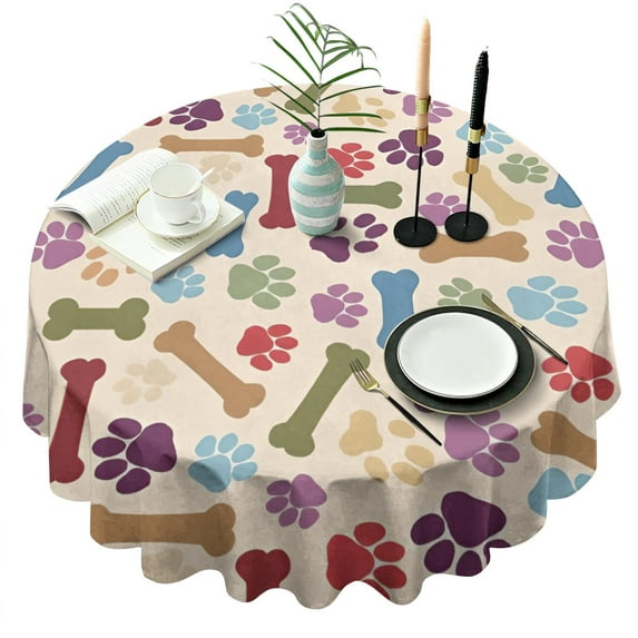 Paw Prints and Bones Round Tablecloth 60"x60",Wrinkle Wipeable Table Cloth for Kitchen Dining Room Picnic Patio Party
