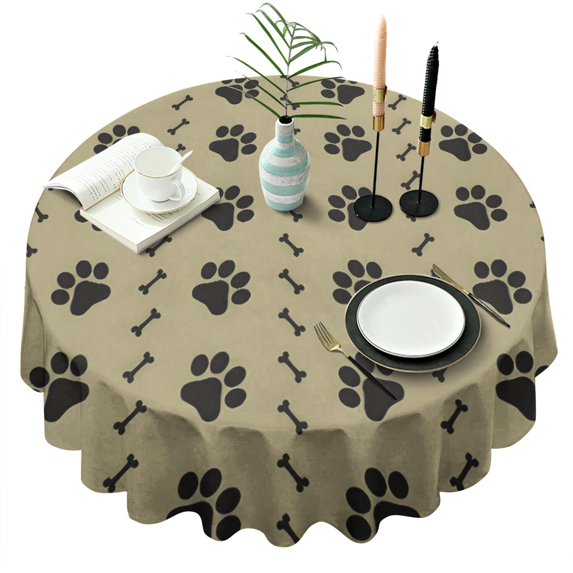 Paw Prints and Bones Round Tablecloth 60"x60",Wrinkle Wipeable Table Cloth for Kitchen Dining Room Picnic Patio Party