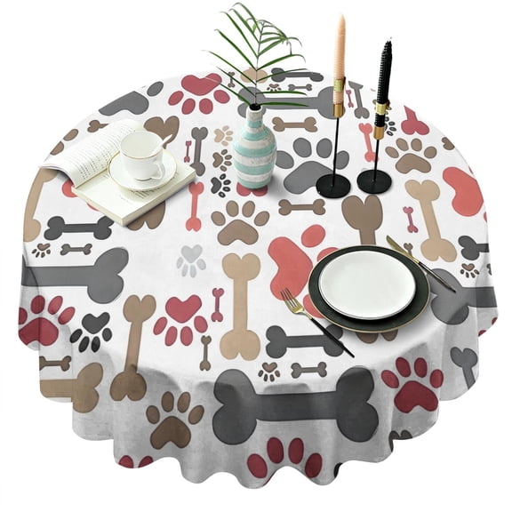 Paw Prints and Bones Round Tablecloth 60"x60",Wrinkle Wipeable Table Cloth for Kitchen Dining Room Picnic Patio Party